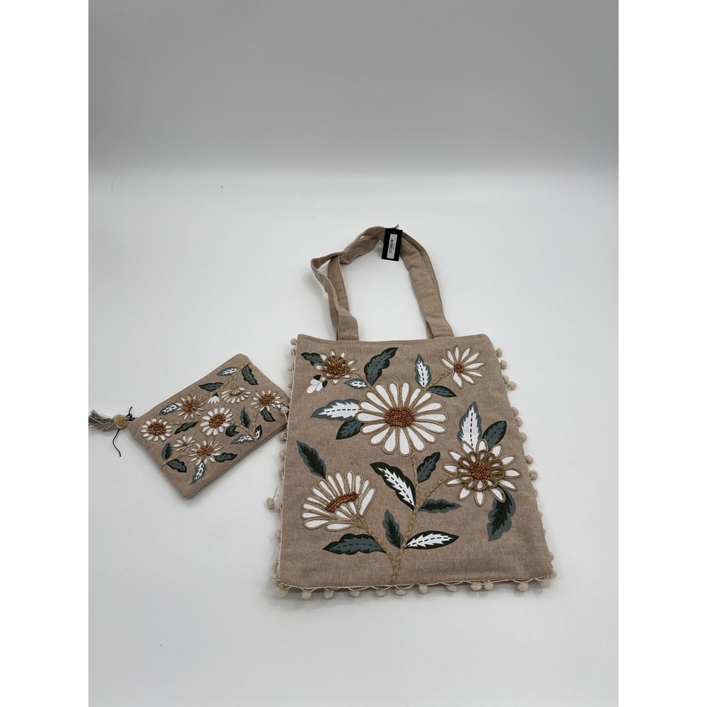 Crosstree Lane Floral Embroidered Tote Bag and Pouch Set Tan Pom Pom Boho NWT